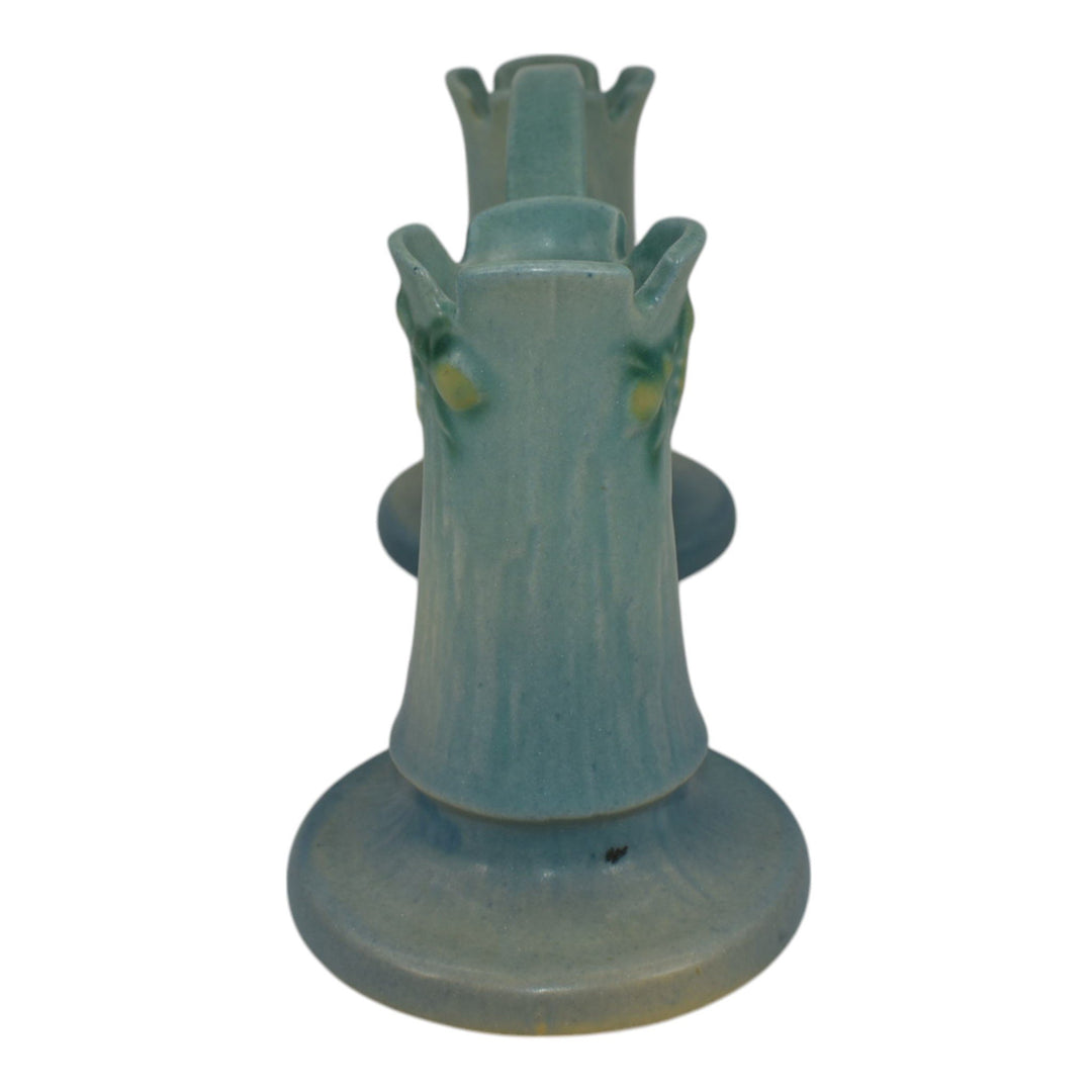 Roseville White Rose Blue 1940 Mid Century Modern Pottery Double Bud Vase 148 - Just Art Pottery
