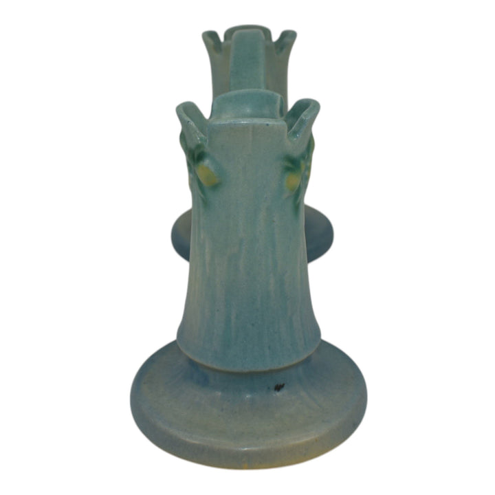 Roseville White Rose Blue 1940 Mid Century Modern Pottery Double Bud Vase 148 - Just Art Pottery