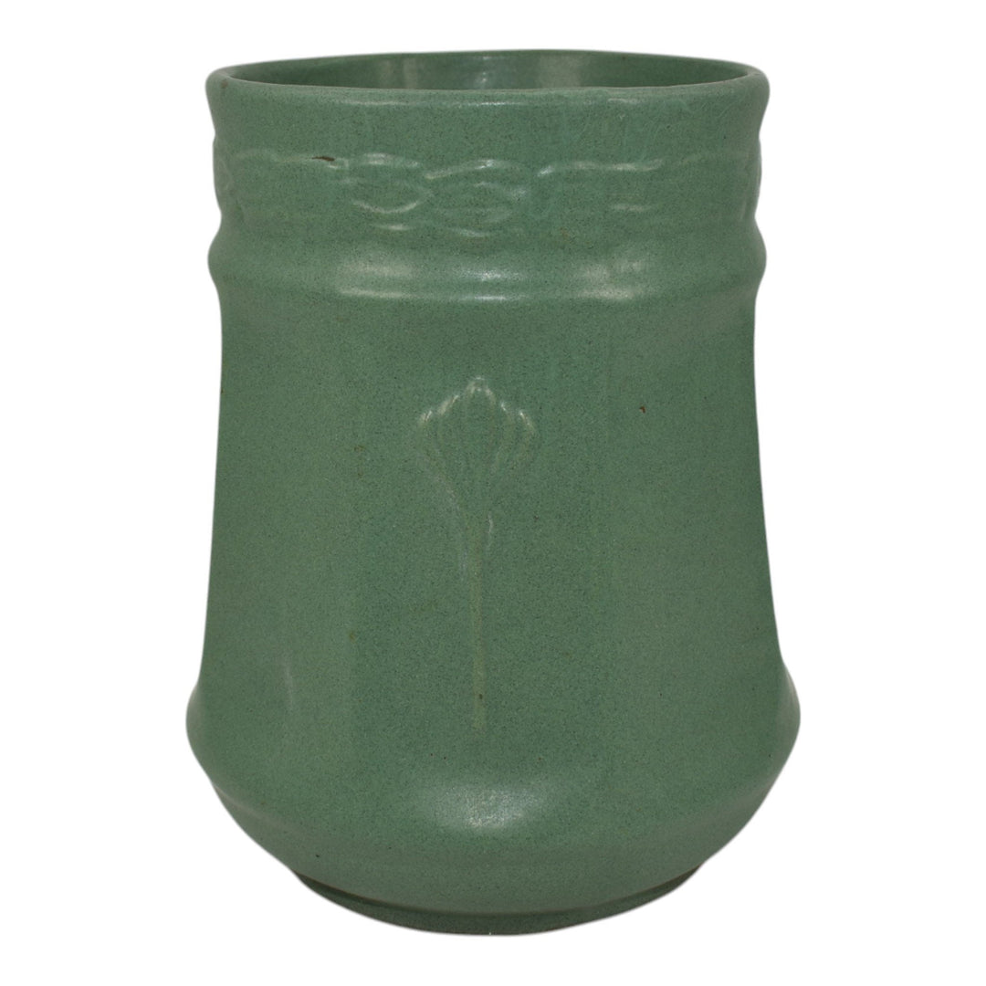 Zanesville Stoneware Pottery 1930s Vintage Arts And Crafts Matte Green Vase 11