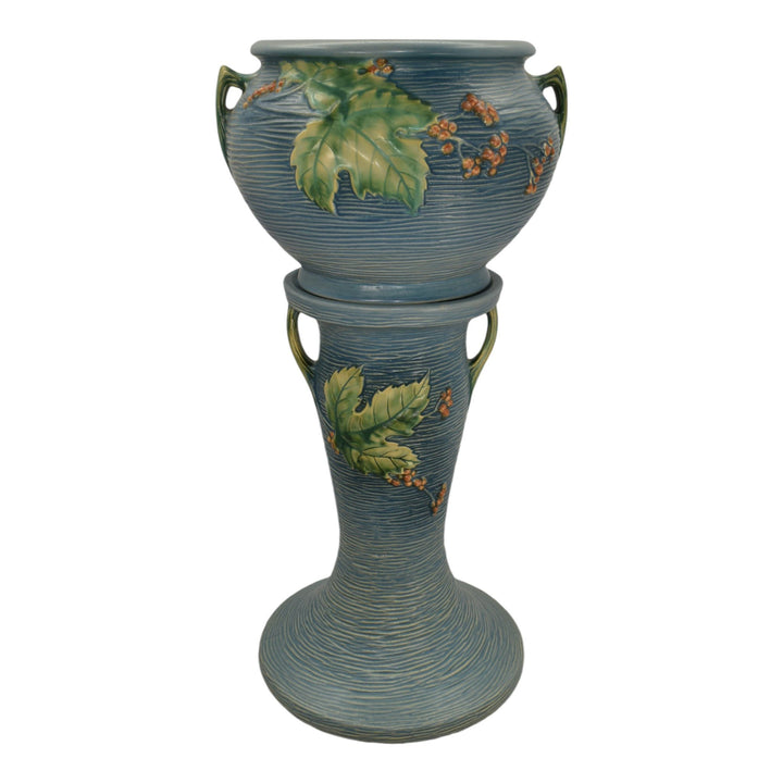 Roseville Bushberry Blue 1941 Vintage Art Pottery Jardiniere and Pedestal 657-8