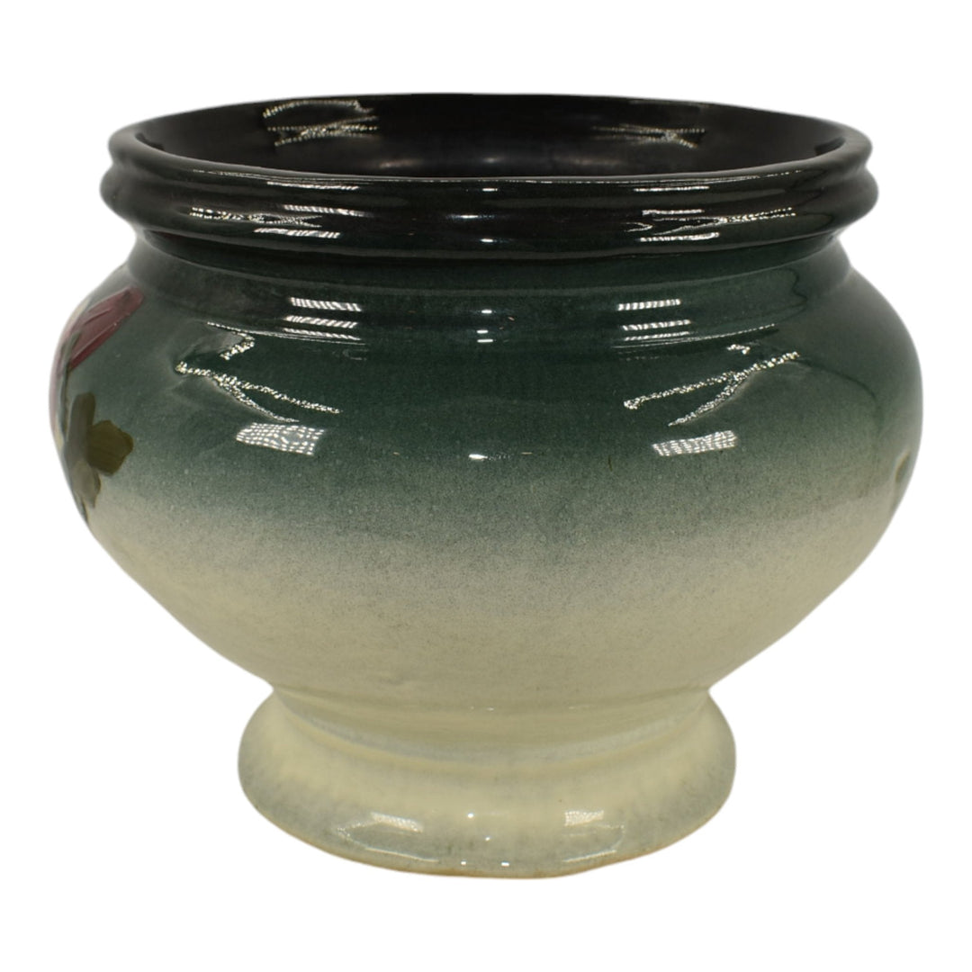Weller Eocean 1898-1918 Vintage Art Pottery Red Floral Gray Ceramic Jardiniere - Just Art Pottery