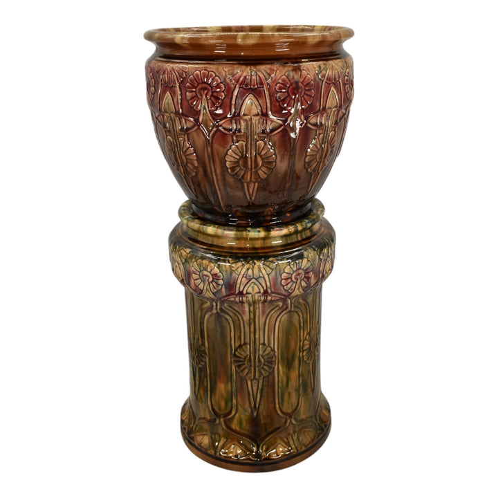 Brush McCoy 1900s Blended Majolica Pottery Brown Red Ceramic Jardiniere Pedestal - Just Art Pottery