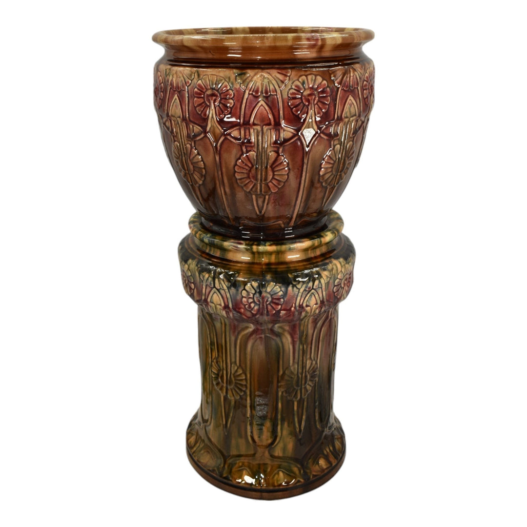 Brush McCoy 1900s Blended Majolica Pottery Brown Red Ceramic Jardiniere Pedestal - Just Art Pottery