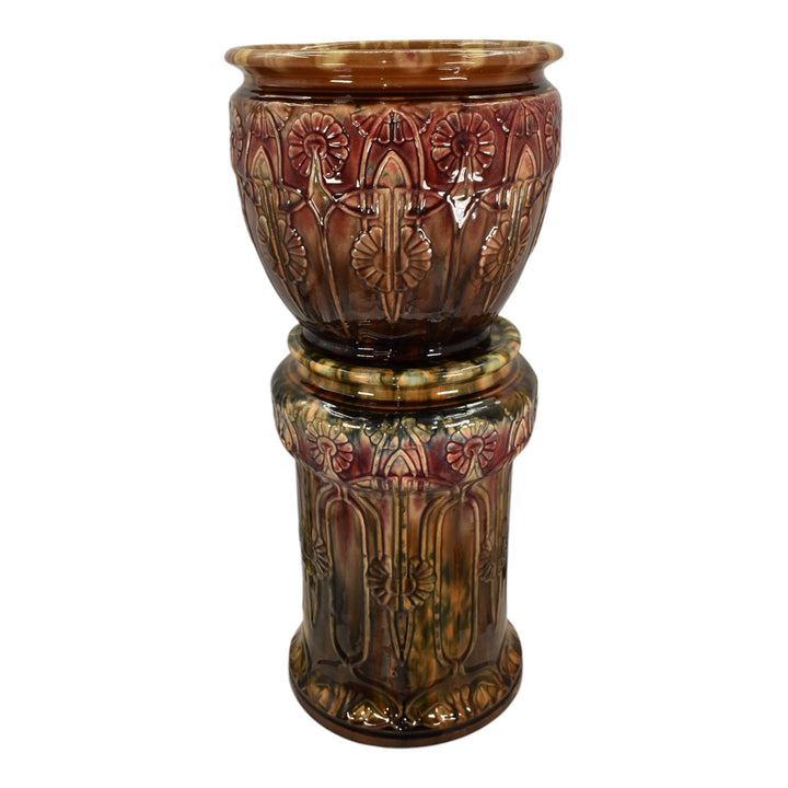 Brush McCoy 1900s Blended Majolica Pottery Brown Red Ceramic Jardiniere Pedestal