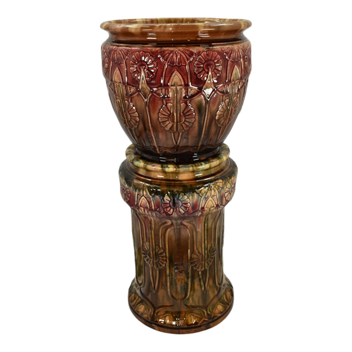 Brush McCoy 1900s Blended Majolica Pottery Brown Red Ceramic Jardiniere Pedestal - Just Art Pottery