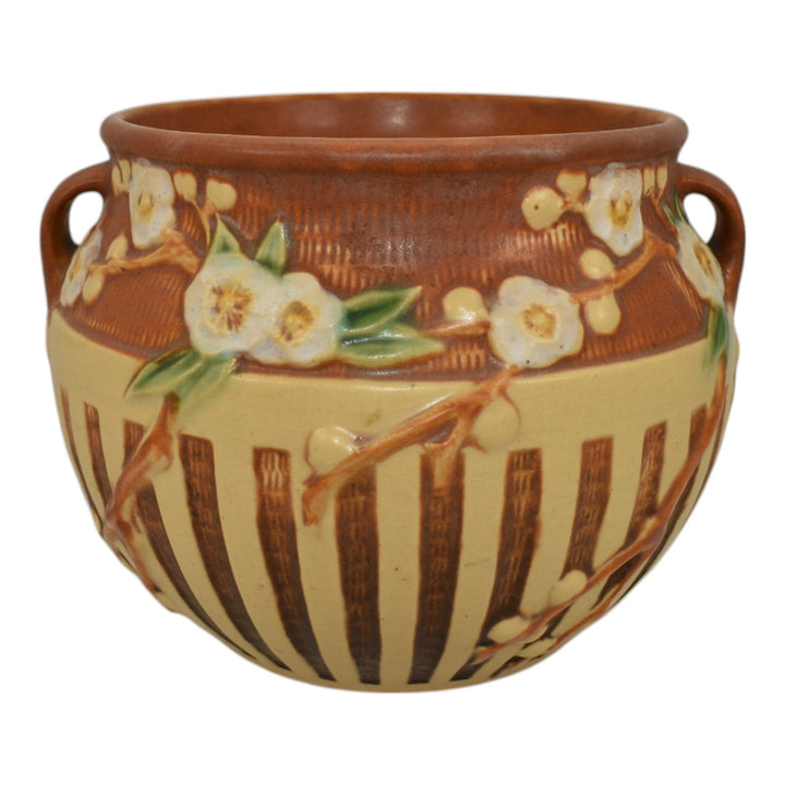 Roseville Cherry Blossom Brown 1933 Art Pottery Ceramic Jardiniere Planter 627-5