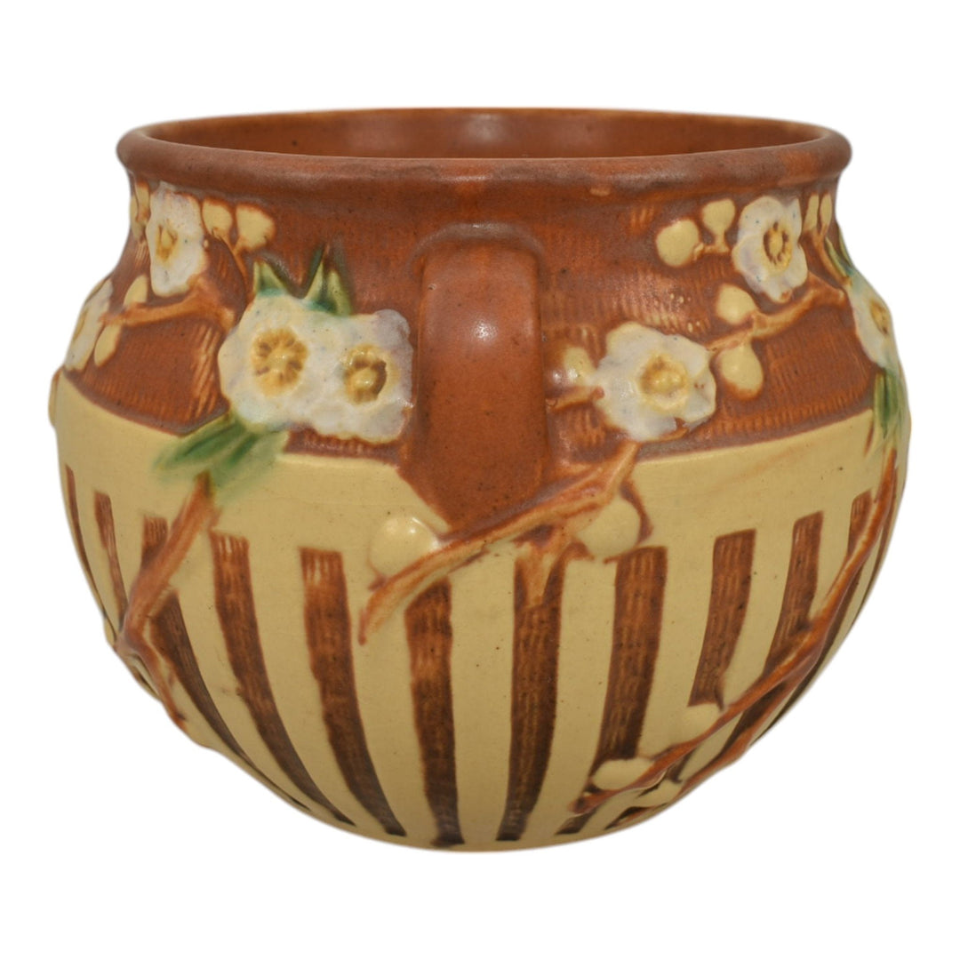 Roseville Cherry Blossom Brown 1933 Art Pottery Ceramic Jardiniere Planter 627-5