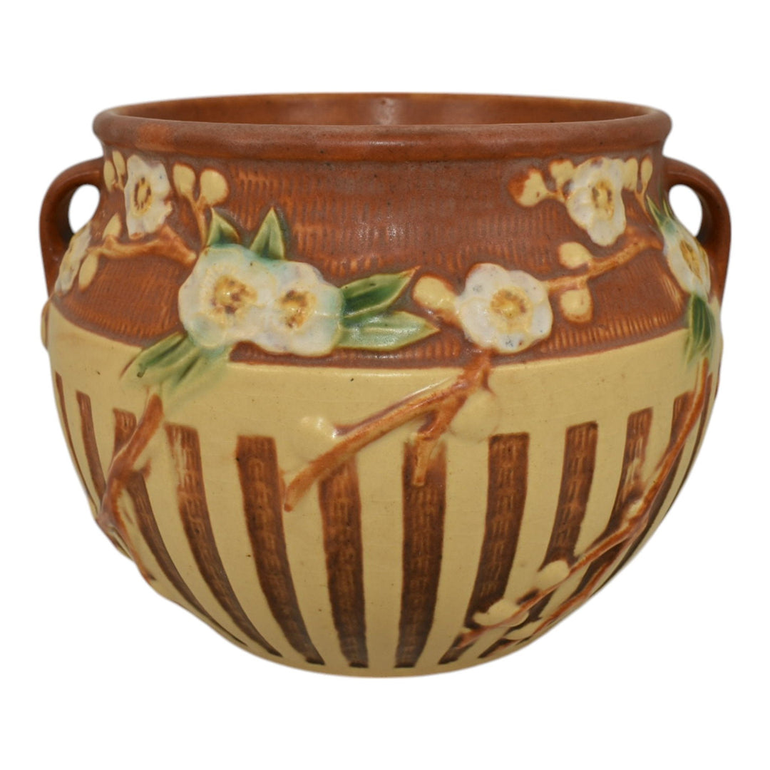 Roseville Cherry Blossom Brown 1933 Art Pottery Ceramic Jardiniere Planter 627-5