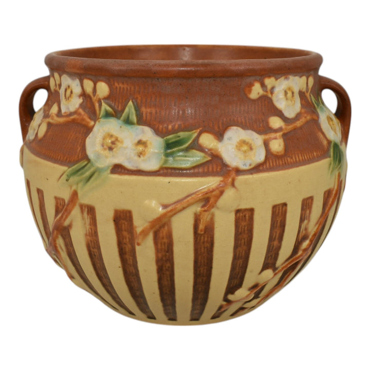 Roseville Cherry Blossom Brown 1933 Art Pottery Ceramic Jardiniere Planter 627-5 - Just Art Pottery
