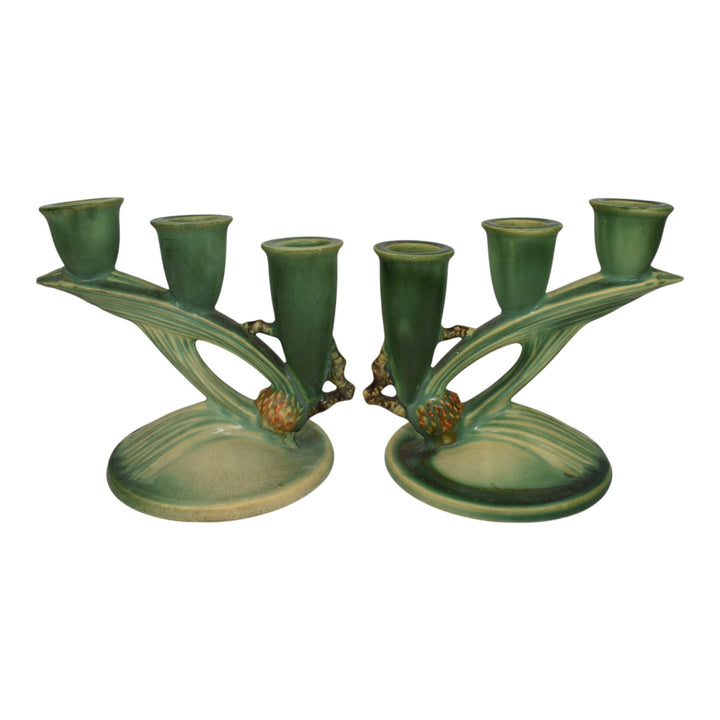 Roseville Pine Cone Green 1930s Vintage Art Pottery Triple Candle Holders 1106-5