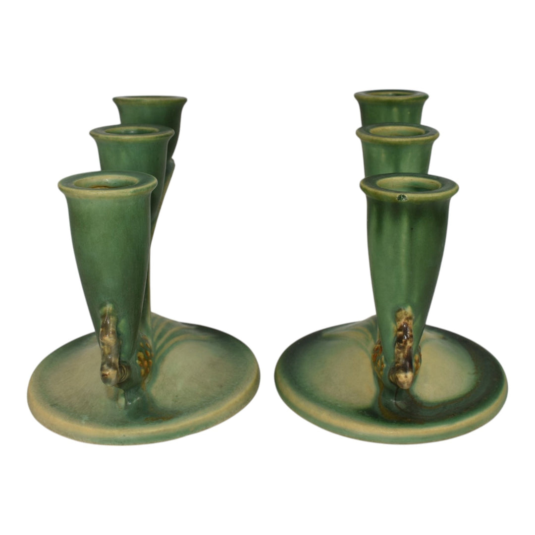 Roseville Pine Cone Green 1930s Vintage Art Pottery Triple Candle Holders 1106-5