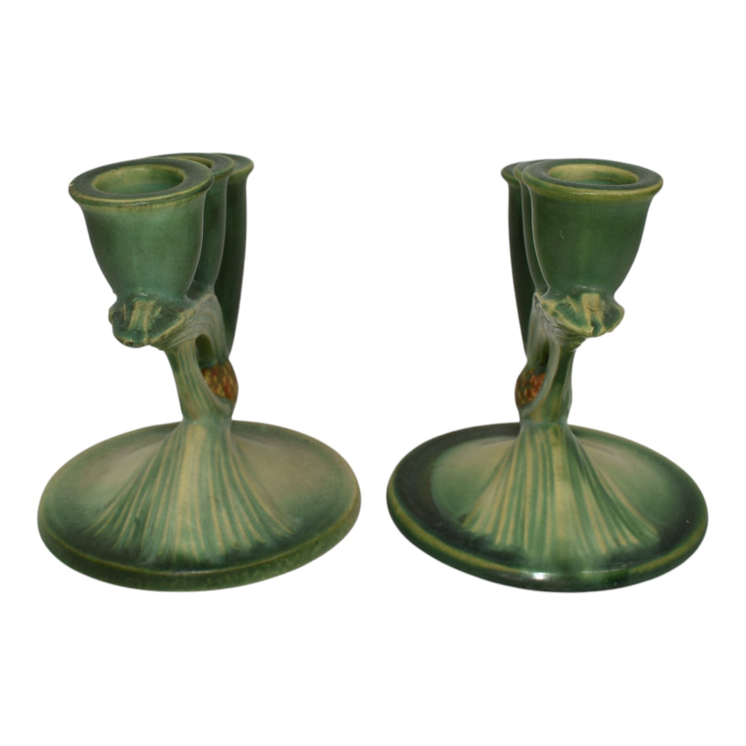 Roseville Pine Cone Green 1930s Vintage Art Pottery Triple Candle Holders 1106-5