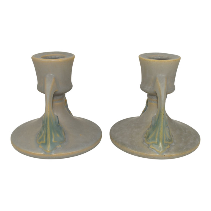 Roseville Tuscany Gray 1927 Vintage Art Deco Pottery Candle Holders 1066-3