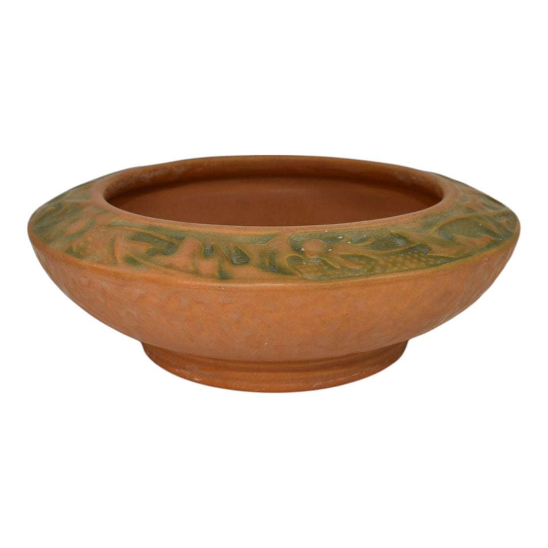 Weller Breton 1920s Art Pottery Matte Orange And Green Floral Bowl - Just Art Pottery
