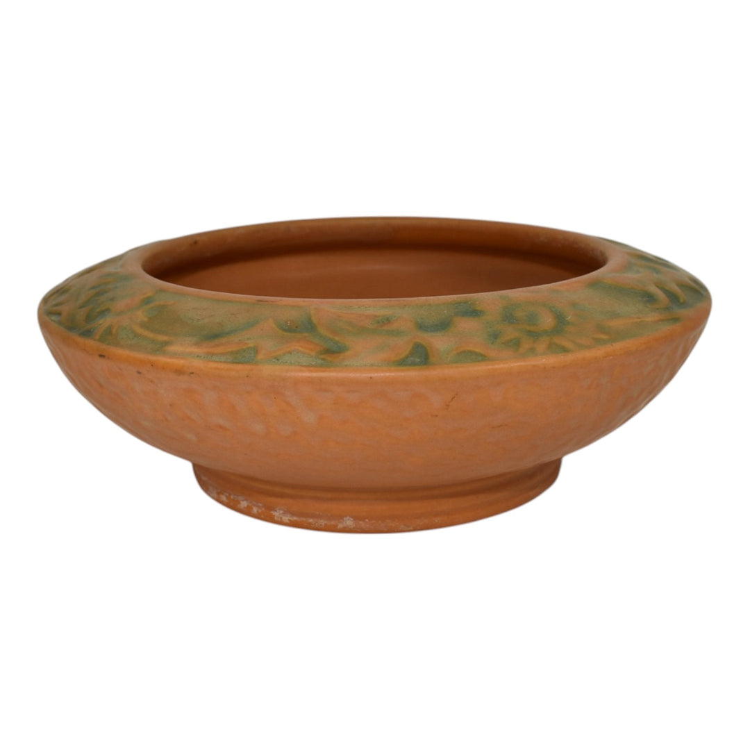 Weller Breton 1920s Art Pottery Matte Orange And Green Floral Bowl - Just Art Pottery