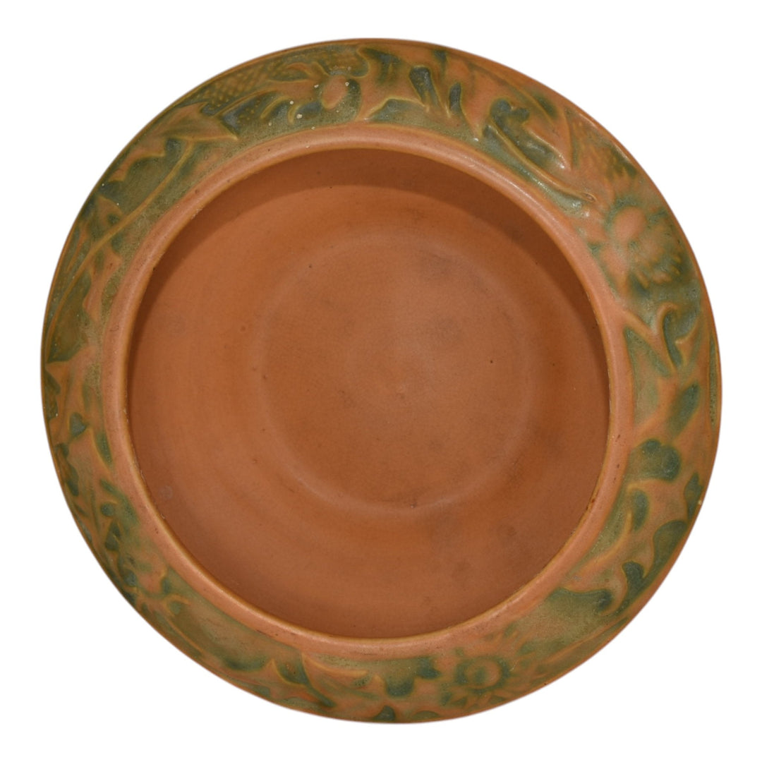 Weller Breton 1920s Art Pottery Matte Orange And Green Floral Bowl - Just Art Pottery