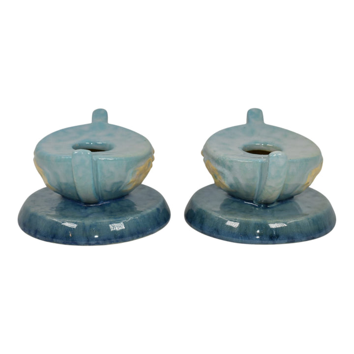 Roseville Wincraft Blue 1948 Mid Century Modern Pottery Candle Holders 251