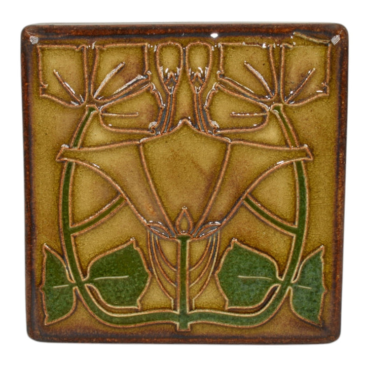 Motawi Tileworks Art Pottery Brown Green Abstract Floral Ceramic Tile