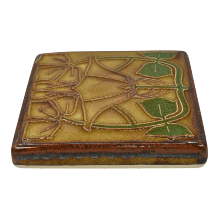 Motawi Tileworks Art Pottery Brown Green Abstract Floral Ceramic Tile