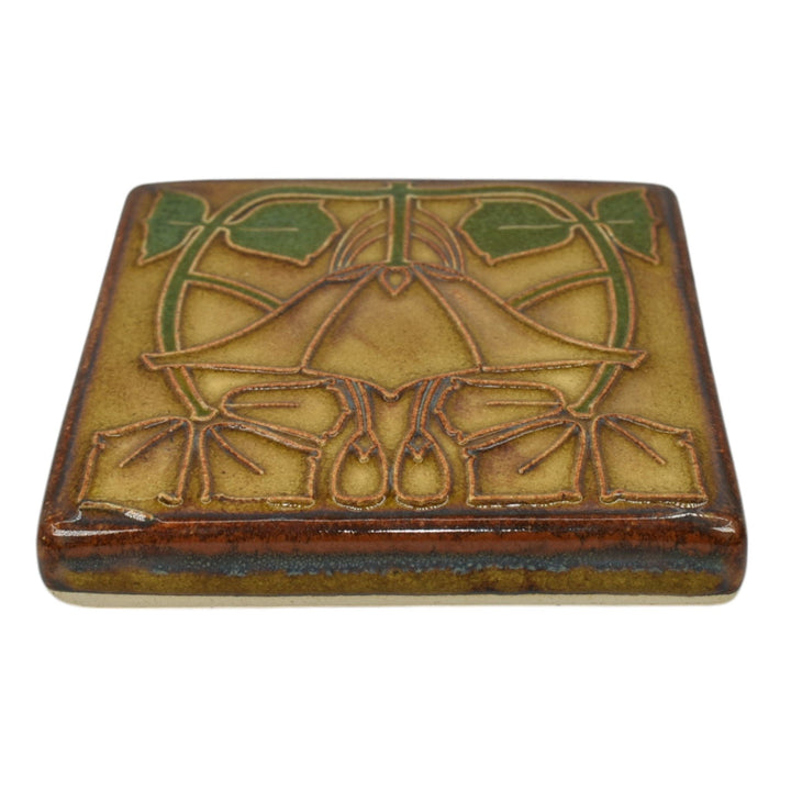 Motawi Tileworks Art Pottery Brown Green Abstract Floral Ceramic Tile