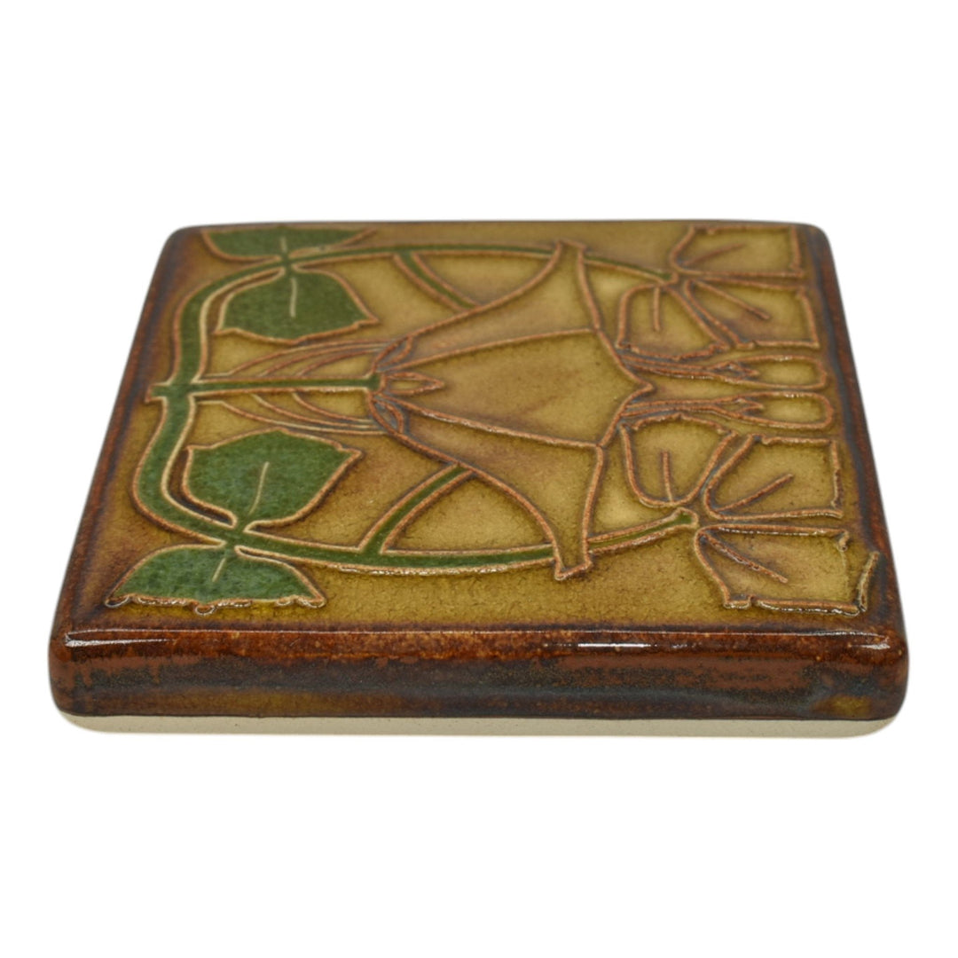 Motawi Tileworks Art Pottery Brown Green Abstract Floral Ceramic Tile