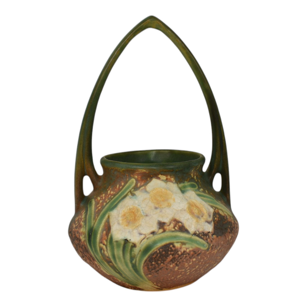 Roseville Jonquil 1931 Vintage Arts And Crafts Pottery Brown Basket 324-8 - Just Art Pottery