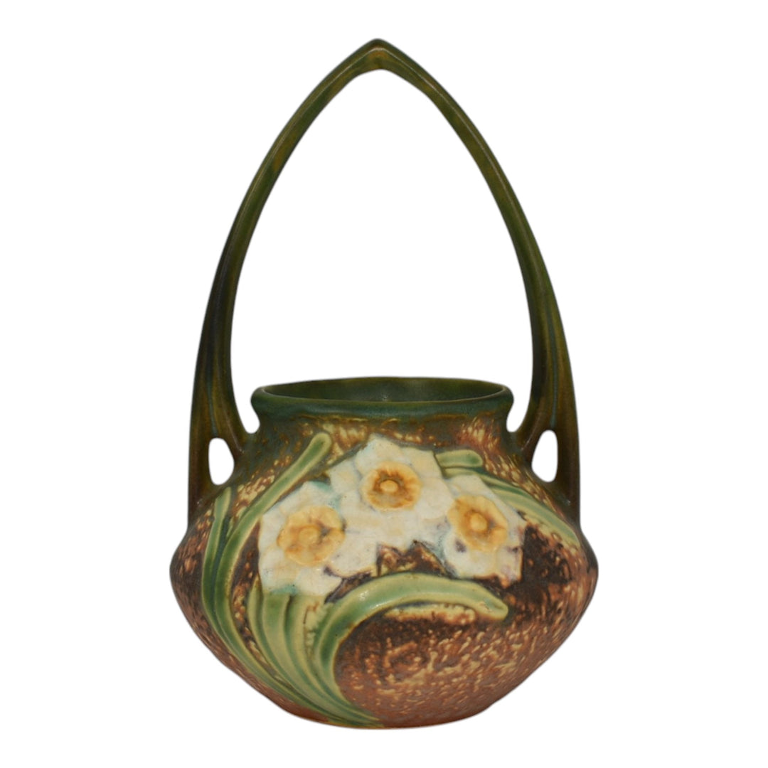 Roseville Jonquil 1931 Vintage Arts And Crafts Pottery Brown Basket 324-8 - Just Art Pottery