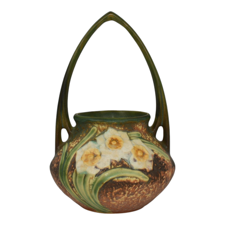 Roseville Jonquil 1931 Vintage Arts And Crafts Pottery Brown Basket 324-8 - Just Art Pottery