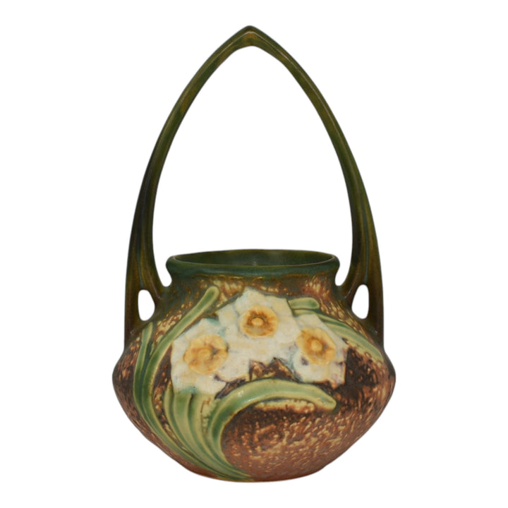 Roseville Jonquil 1931 Vintage Arts And Crafts Pottery Brown Basket 324-8 - Just Art Pottery
