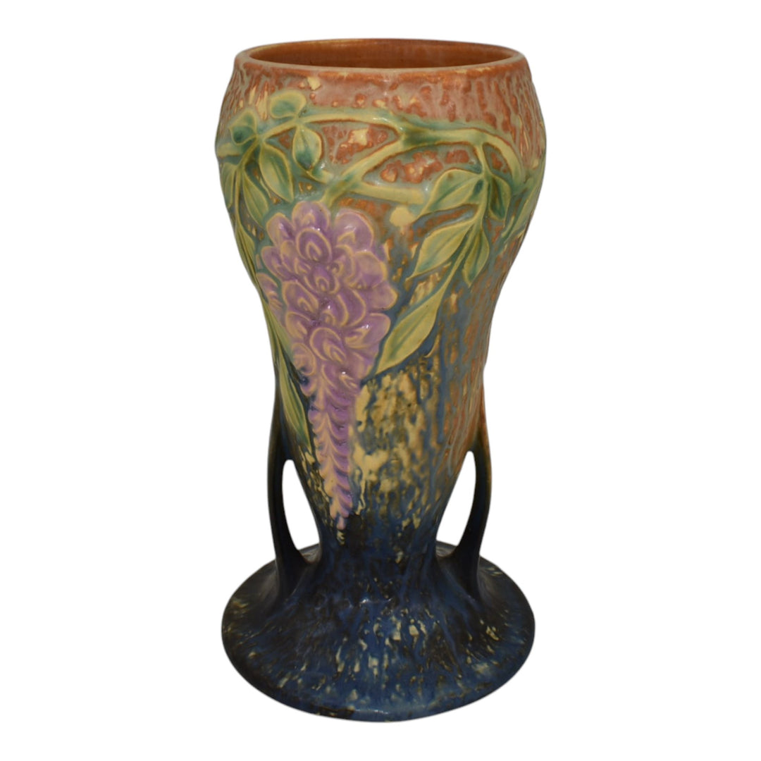 Roseville Wisteria Blue 1933 Vintage Arts And Crafts Pottery Ceramic Vase 635-8 - Just Art Pottery