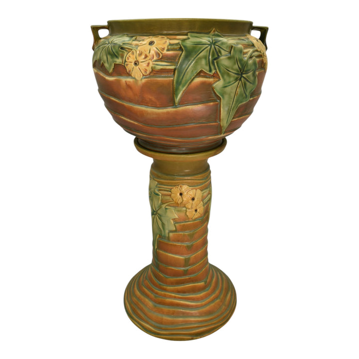 Roseville Luffa Brown 1934 Vintage Art Pottery Jardiniere Pedestal 631-10 - Just Art Pottery