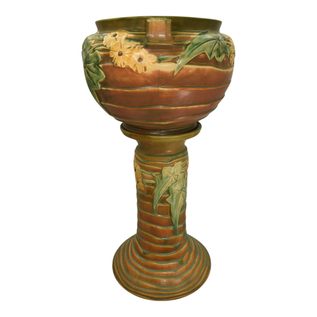 Roseville Luffa Brown 1934 Vintage Art Pottery Jardiniere Pedestal 631-10 - Just Art Pottery