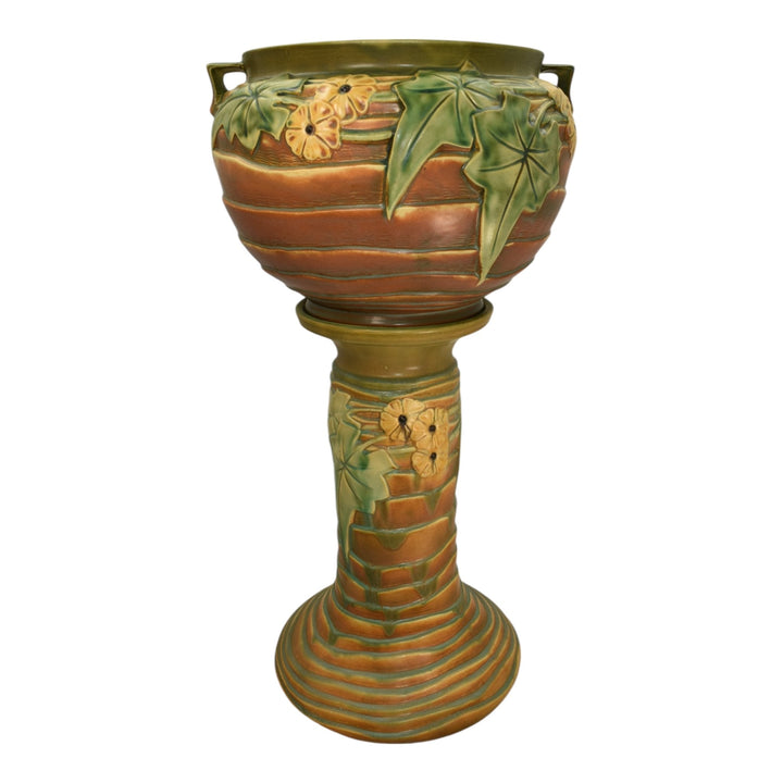 Roseville Luffa Brown 1934 Vintage Art Pottery Jardiniere Pedestal 631-10