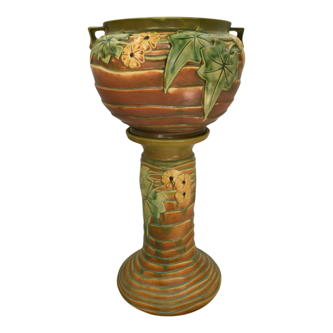 Roseville Luffa Brown 1934 Vintage Art Pottery Jardiniere Pedestal 631-10 - Just Art Pottery