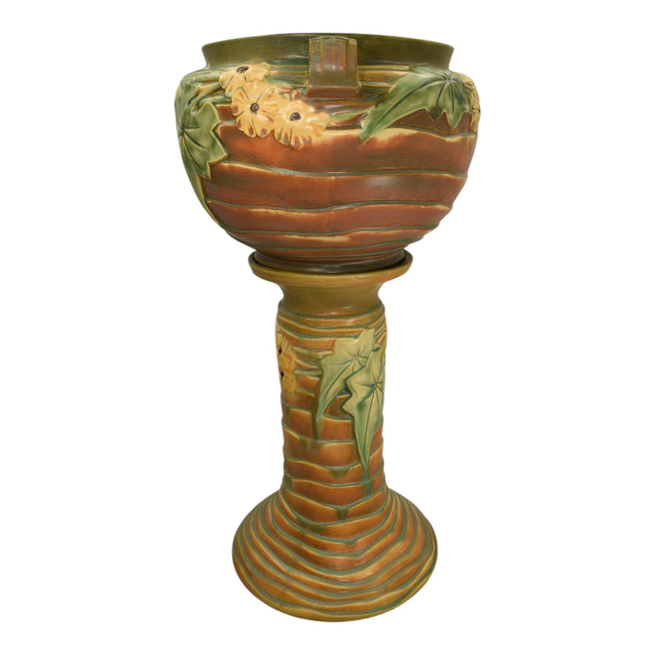 Roseville Luffa Brown 1934 Vintage Art Pottery Jardiniere Pedestal 631-10 - Just Art Pottery