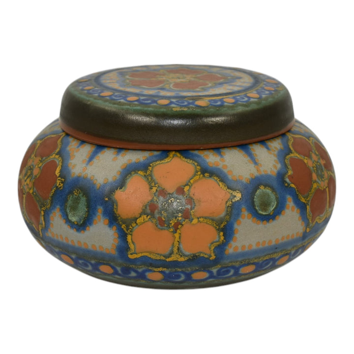 Gouda Holland Art Pottery Roba Orange Blue Ceramic Lidded Bowl Jar 119