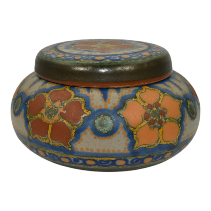 Gouda Holland Art Pottery Roba Orange Blue Ceramic Lidded Bowl Jar 119