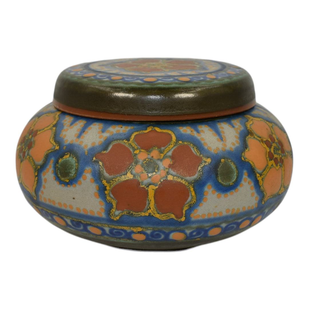 Gouda Holland Art Pottery Roba Orange Blue Ceramic Lidded Bowl Jar 119