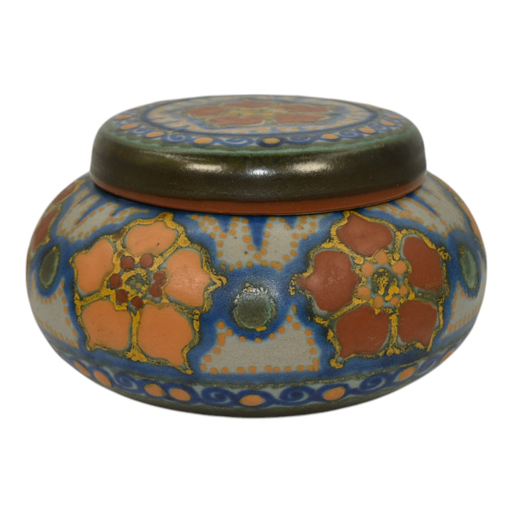 Gouda Holland Art Pottery Roba Orange Blue Ceramic Lidded Bowl Jar 119