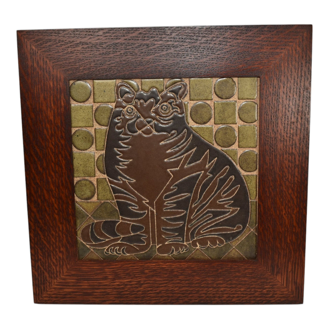 Kurt Wild Studio Art Pottery Striped Cat Brown And Green Framed Ceramic Tile