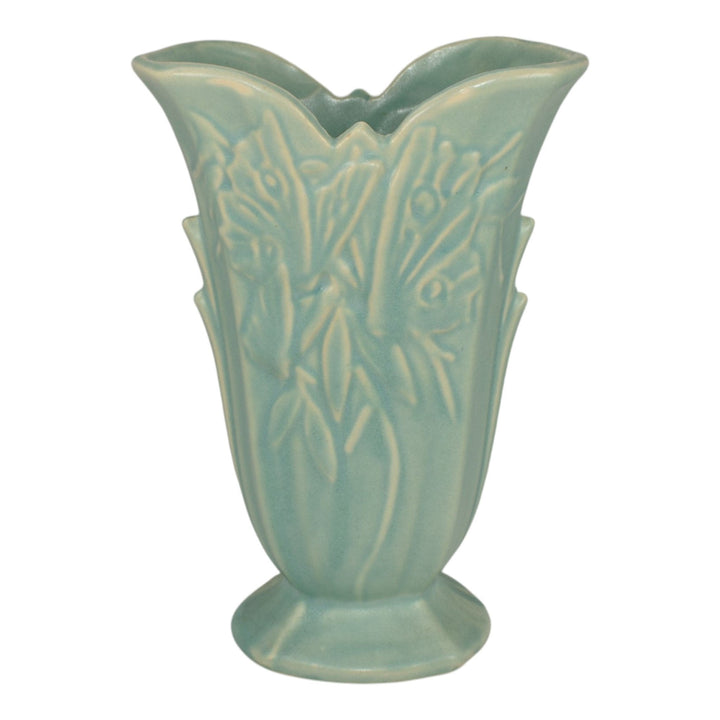 McCoy 1940s Butterfly Line Mid Century Modern Art Pottery Aqua Blue Fan Vase 409