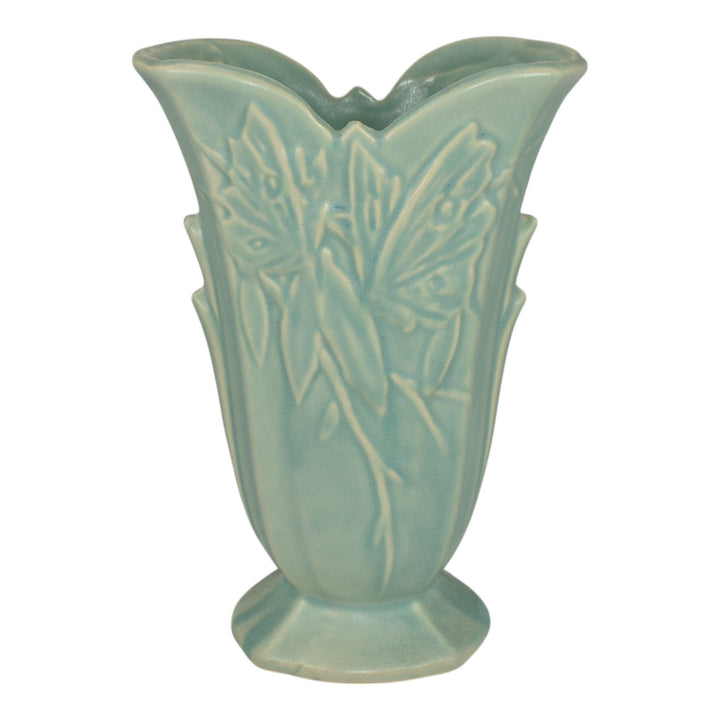 McCoy 1940s Butterfly Line Mid Century Modern Art Pottery Aqua Blue Fan Vase 409