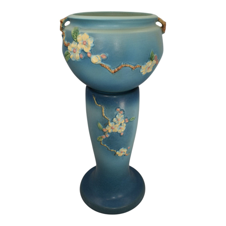 Roseville Apple Blossom Blue 1949 Vintage Art Pottery Jardiniere Pedestal 302-8 - Just Art Pottery