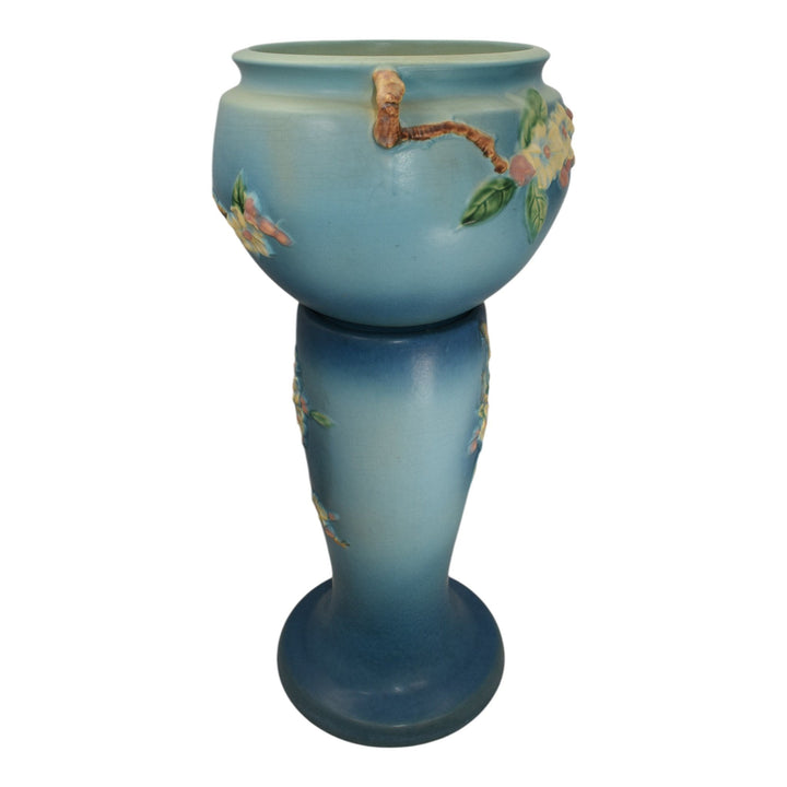 Roseville Apple Blossom Blue 1949 Vintage Art Pottery Jardiniere Pedestal 302-8 - Just Art Pottery