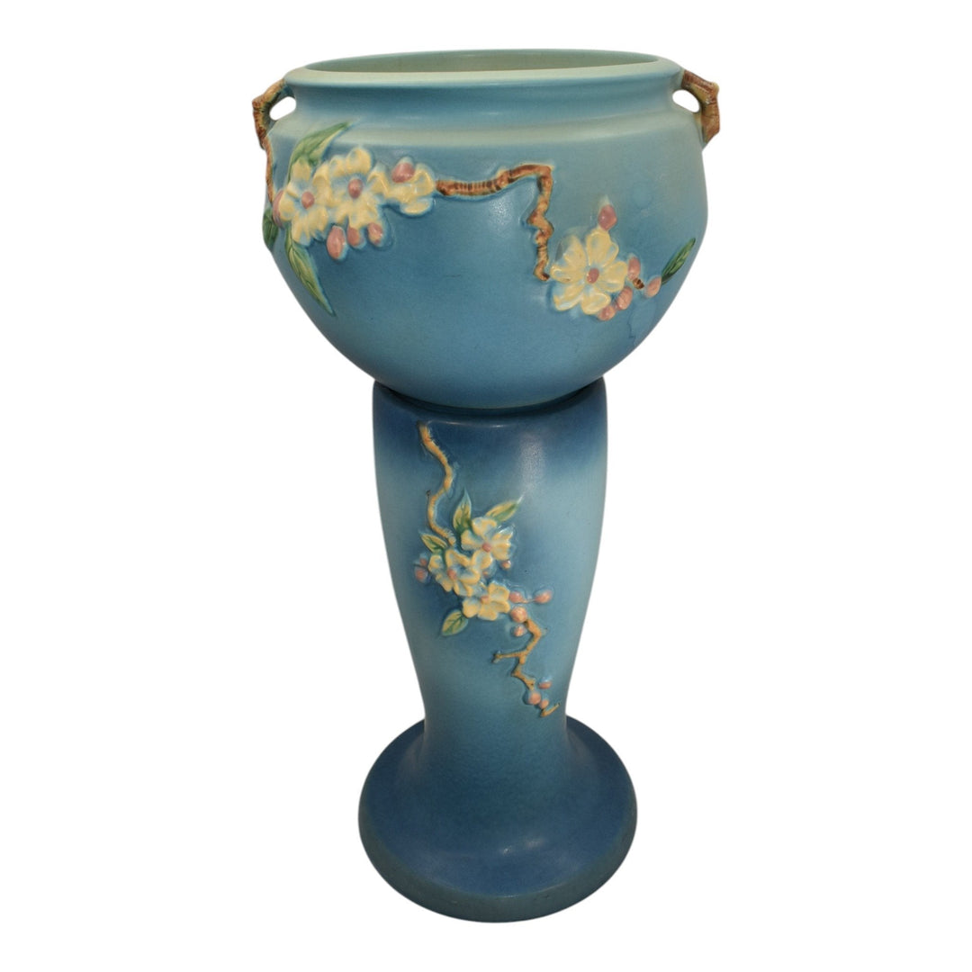 Roseville Apple Blossom Blue 1949 Vintage Art Pottery Jardiniere Pedestal 302-8 - Just Art Pottery