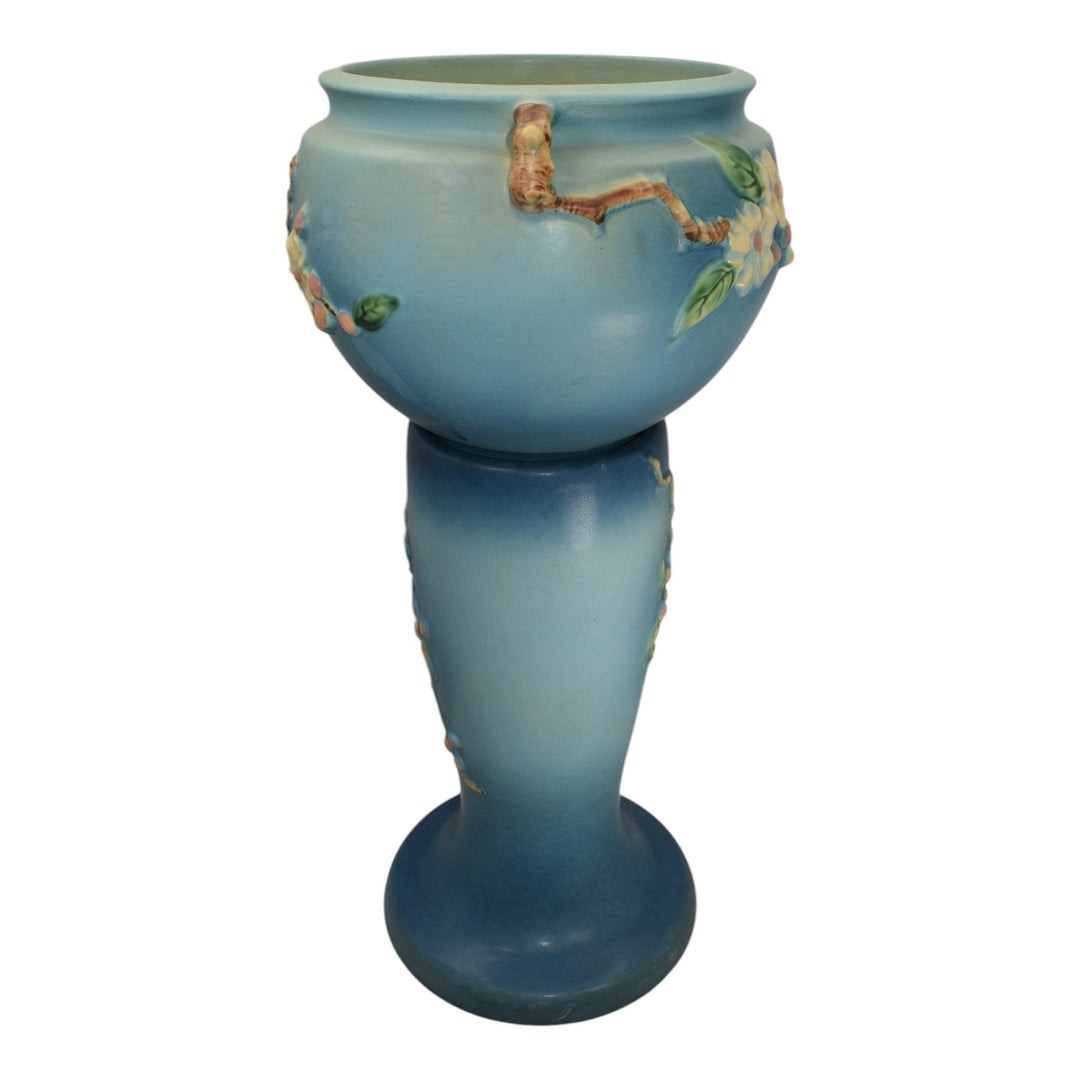 Roseville Apple Blossom Blue 1949 Vintage Art Pottery Jardiniere Pedestal 302-8 - Just Art Pottery