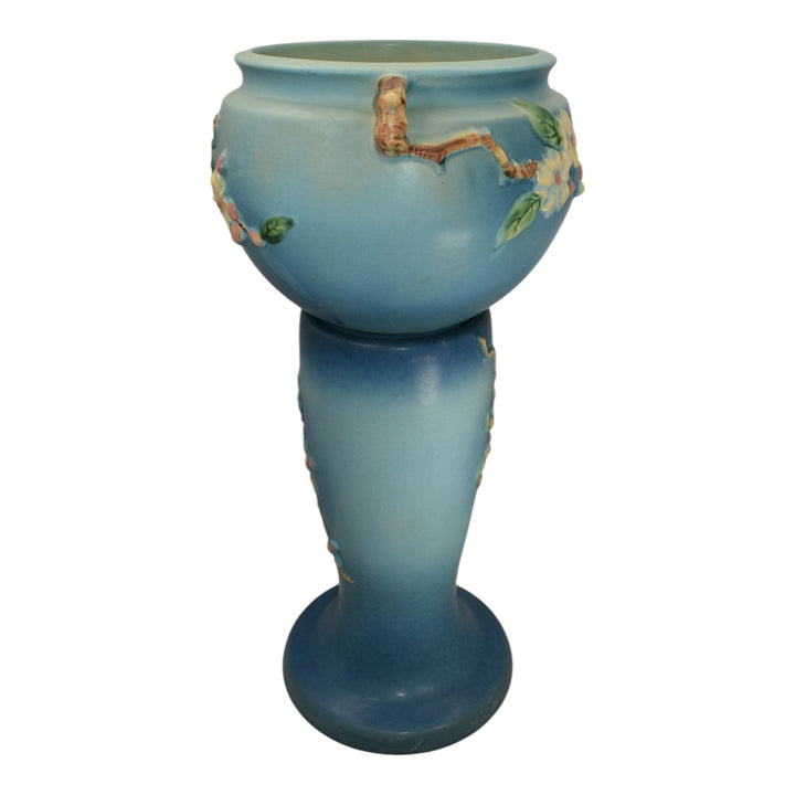 Roseville Apple Blossom Blue 1949 Vintage Art Pottery Jardiniere Pedestal 302-8 - Just Art Pottery