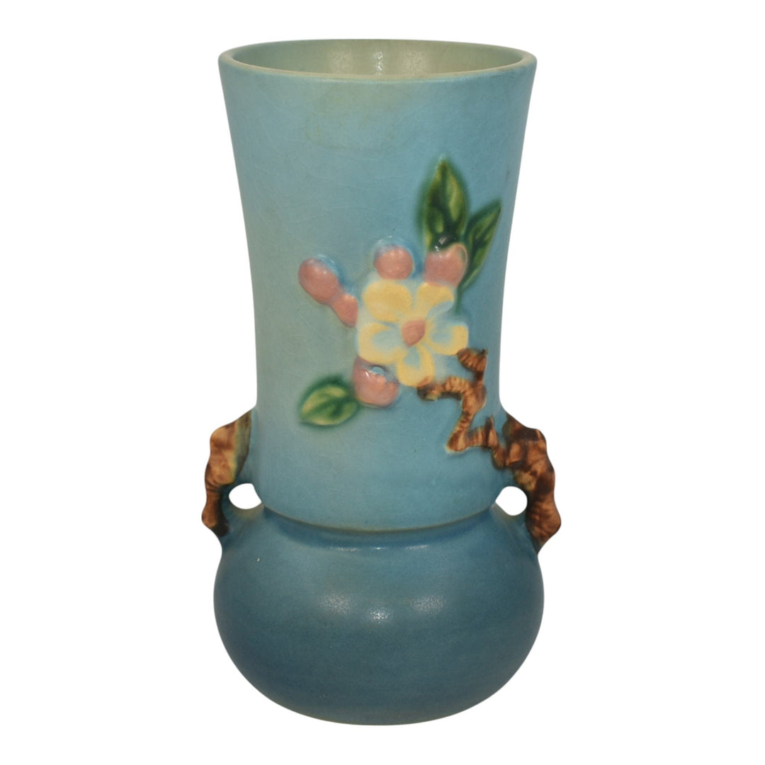 Roseville Apple Blossom Blue 1949 Mid Century Modern Pottery Flower Vase 381-6