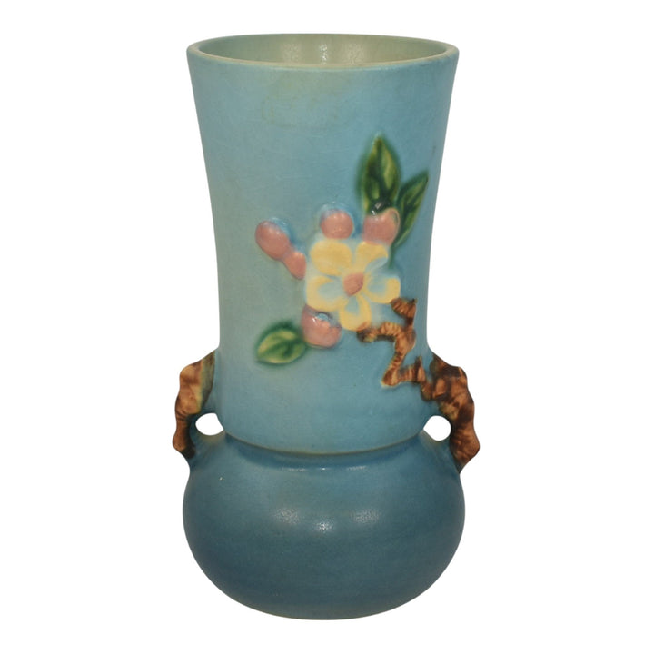 Roseville Apple Blossom Blue 1949 Mid Century Modern Pottery Flower Vase 381-6