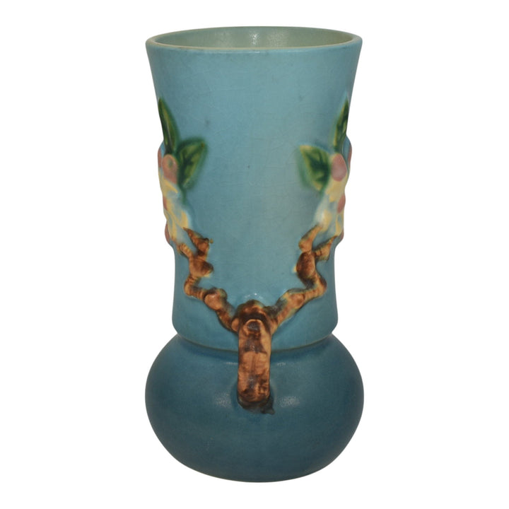 Roseville Apple Blossom Blue 1949 Mid Century Modern Pottery Flower Vase 381-6